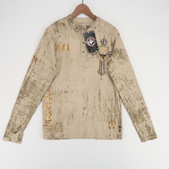 Affliction Shirt Mens Medium Tan Henley Long Sleeve Skull Wings Made USA Graphic - Picture 1 of 13